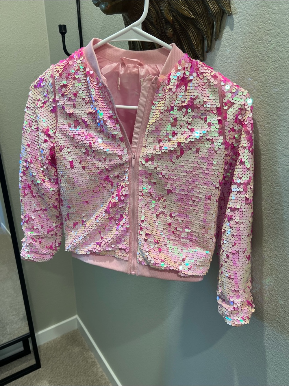 Kids Pink Sequin Zip Front Bomber Jacket 7/8